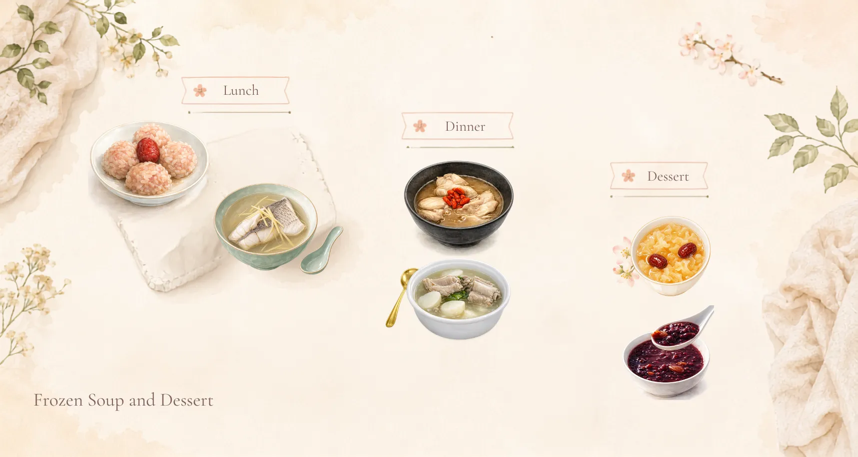 A Frozen Soup & Dessert day — the daily soup, a recovery stew, an entrée and desserts