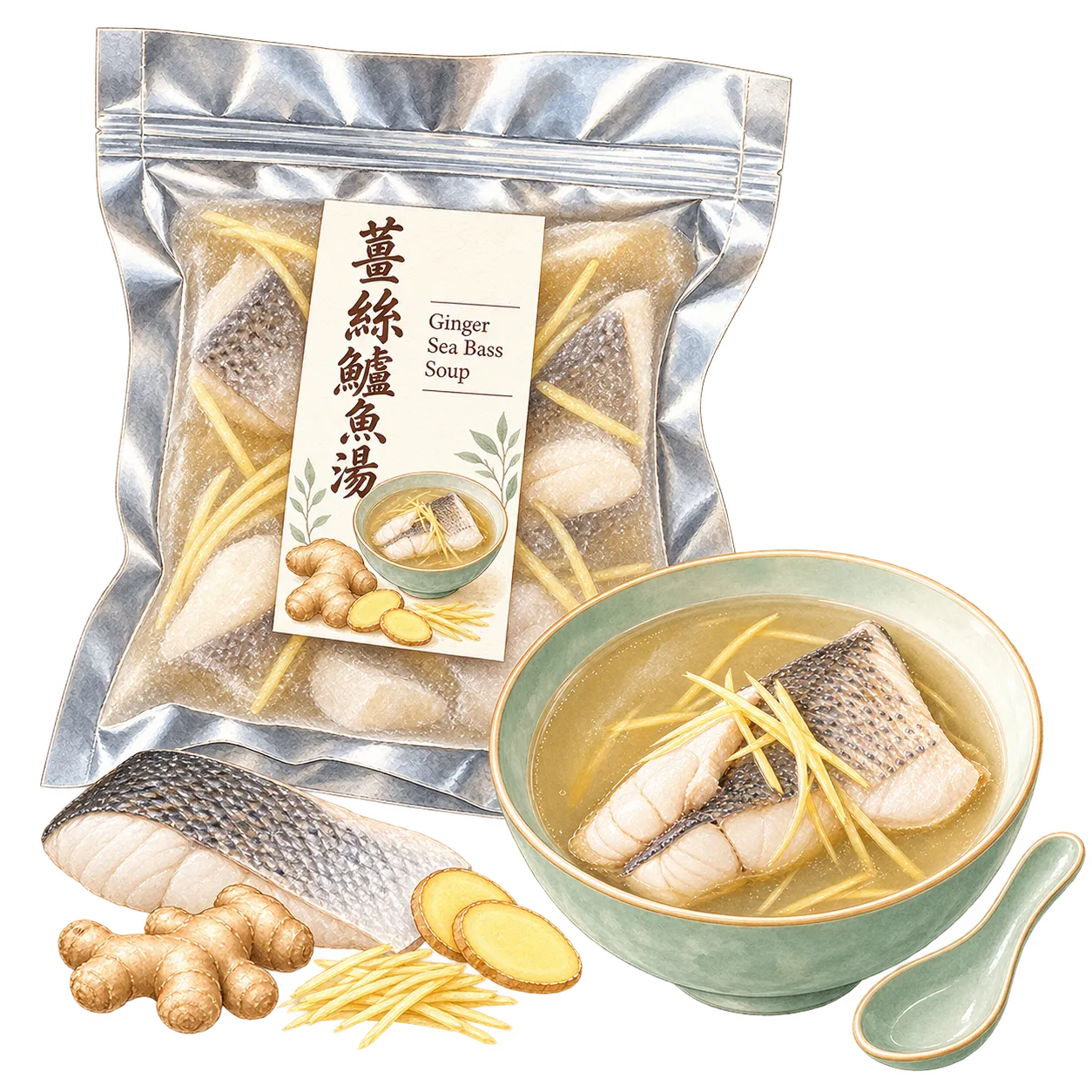 Frozen ginger sea bass soup in its vacuum pack, beside the warmed soup