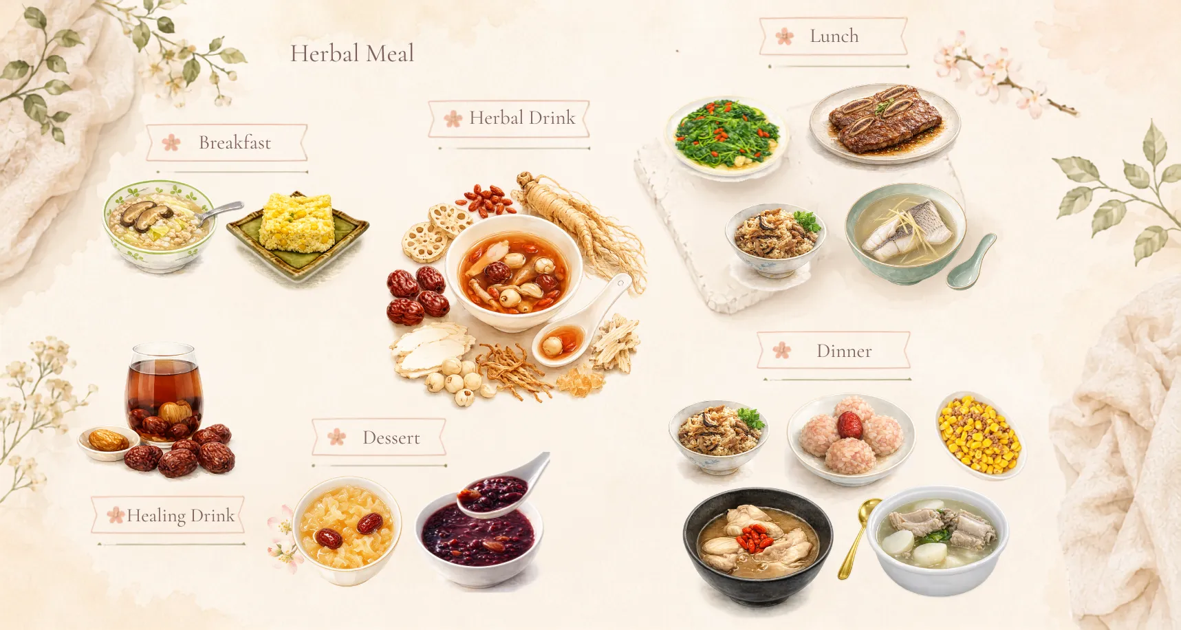 A full Herbal Meal day — breakfast, lunch, dinner, dessert and the herbal drink
