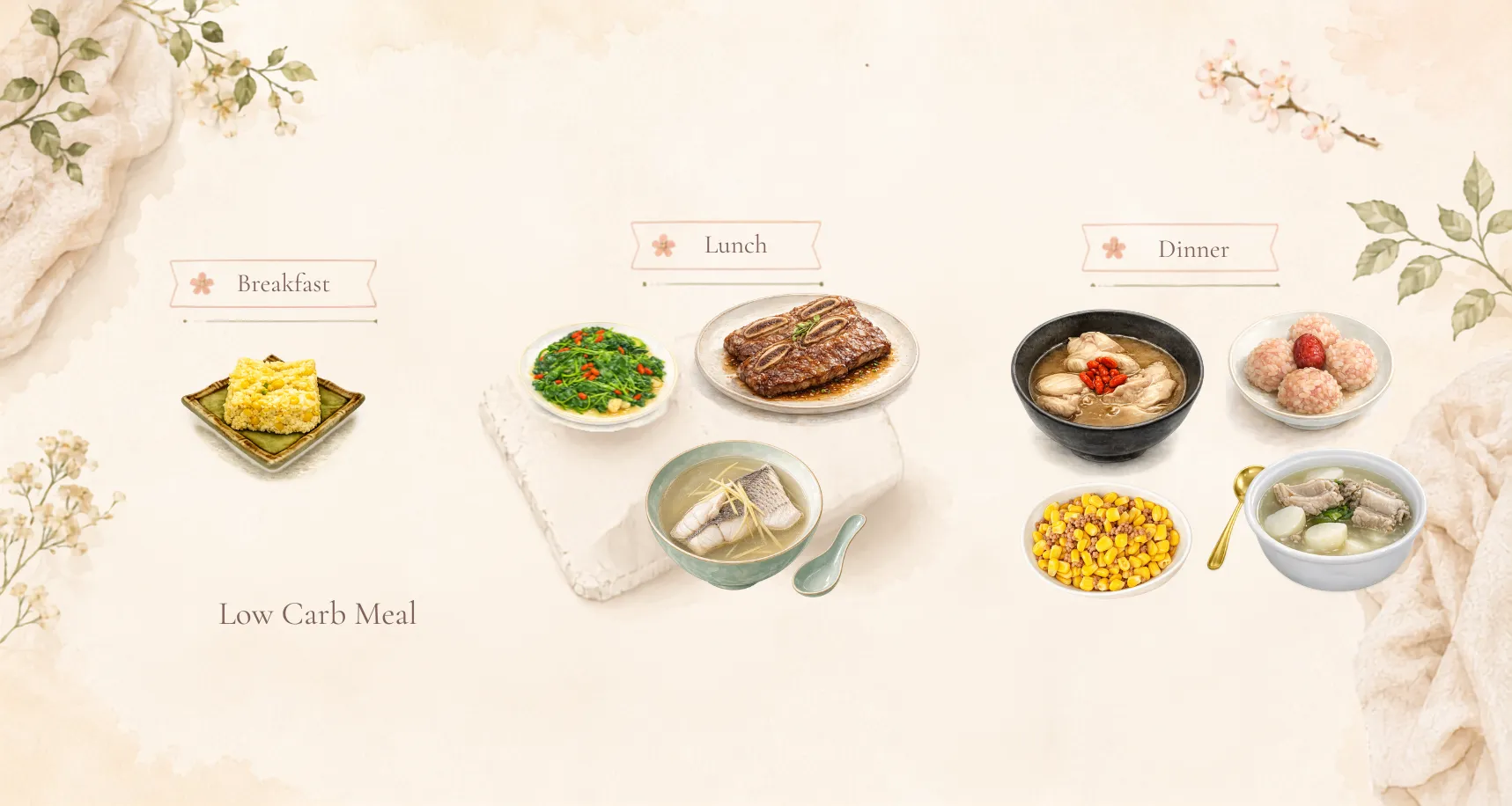 A full Low Carb Meal day — soups, entrées and warm vegetables