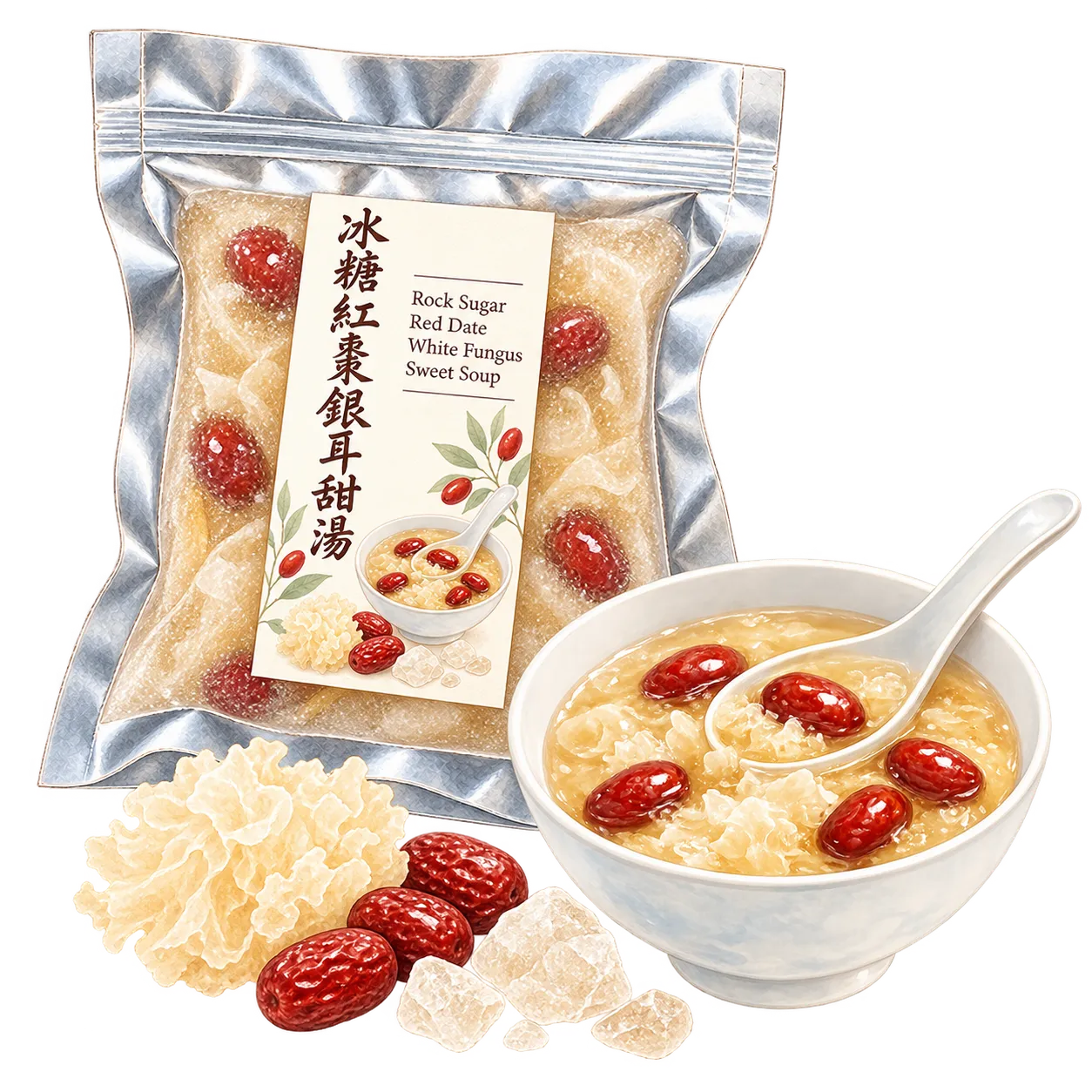 Frozen rock sugar, red date and white fungus sweet soup in its vacuum pack