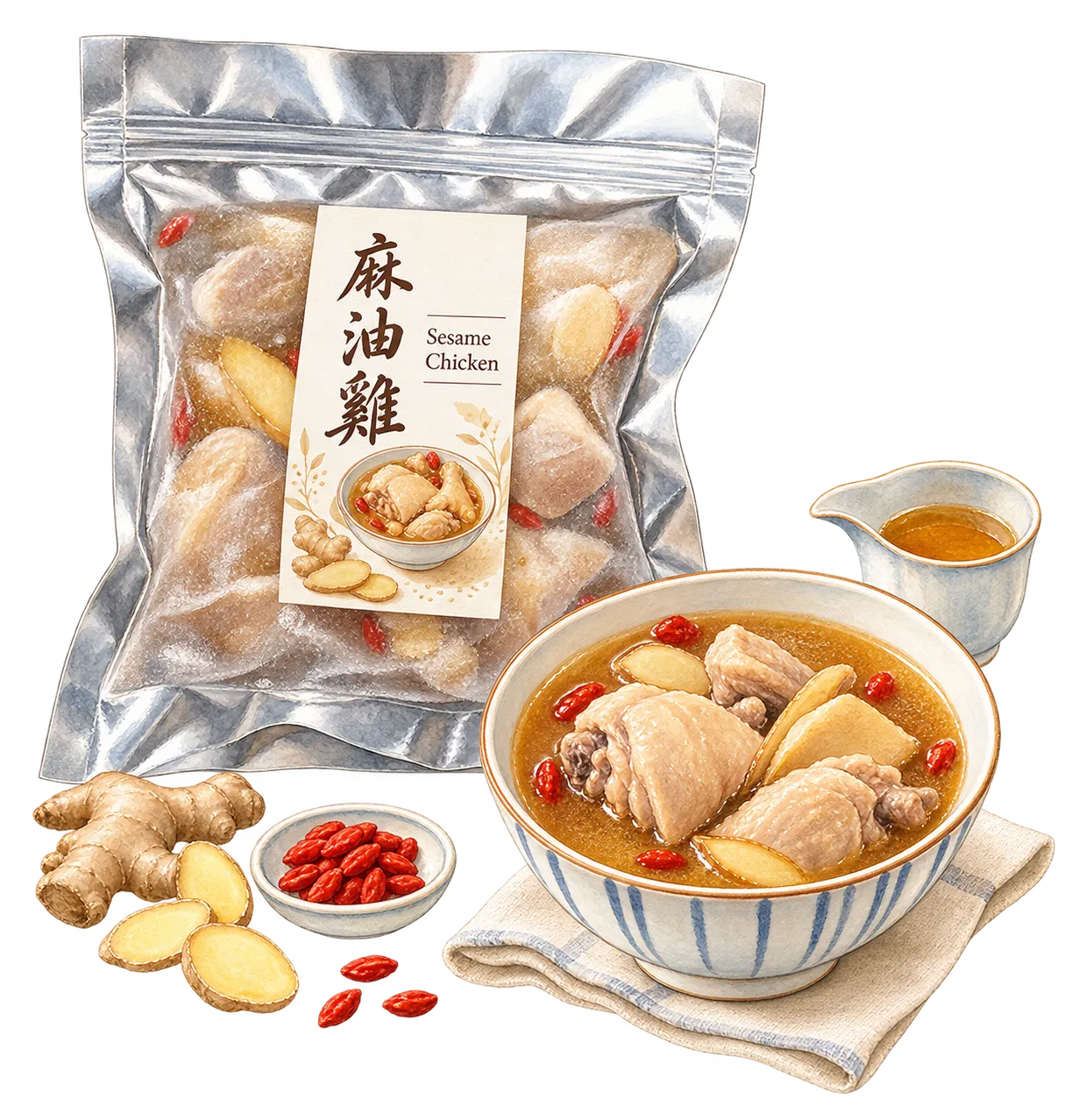 Frozen sesame oil chicken in its vacuum pack, beside the warmed soup