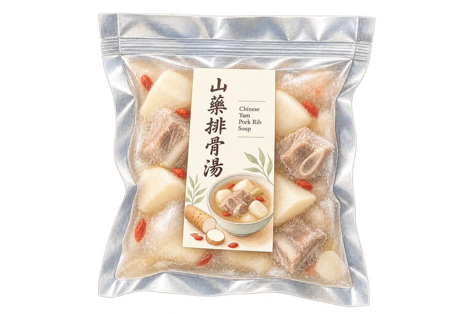 Frozen Chinese yam and pork rib soup in its vacuum pack