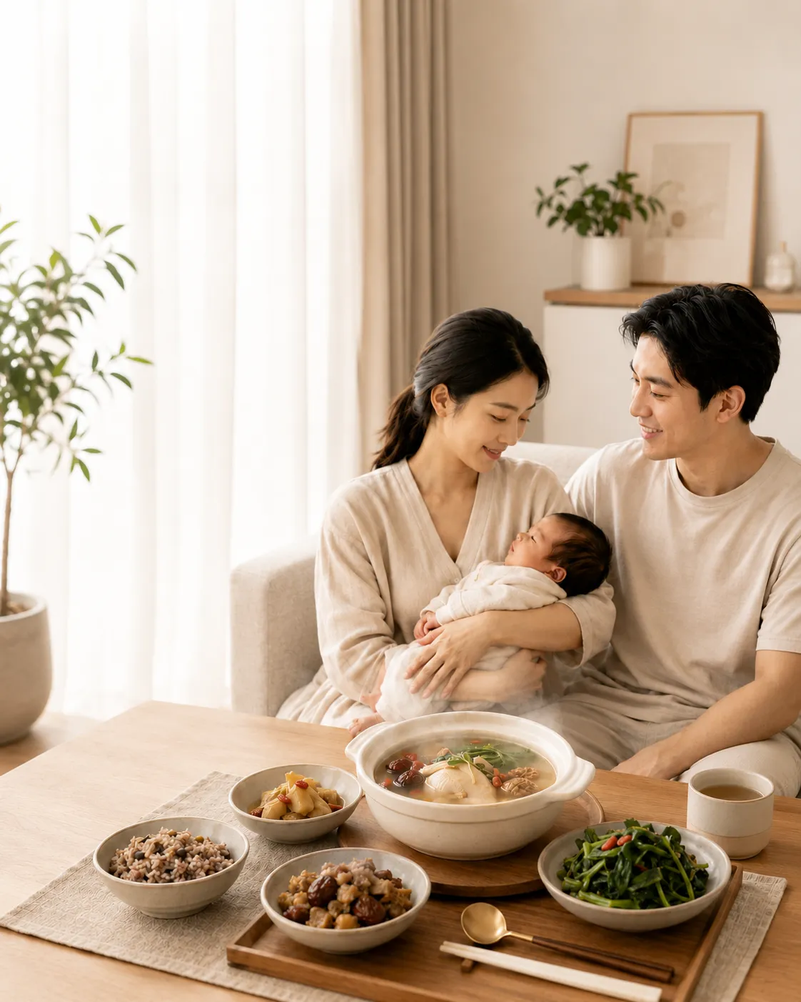 A mother holding her newborn beside her partner, at a table set with postpartum recovery dishes